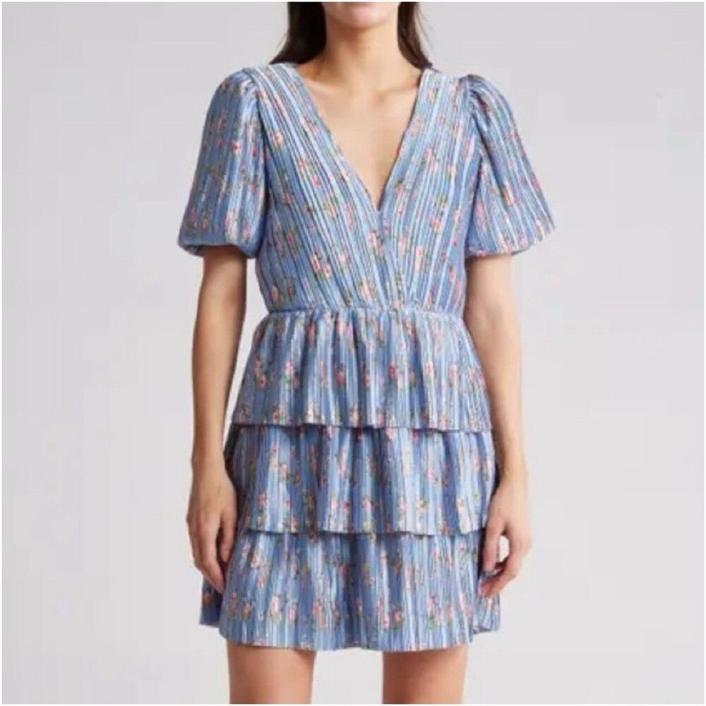 Wayf Women’s Mini Dress In Blue Roses Tiered Pleated Party Dainty Vacation